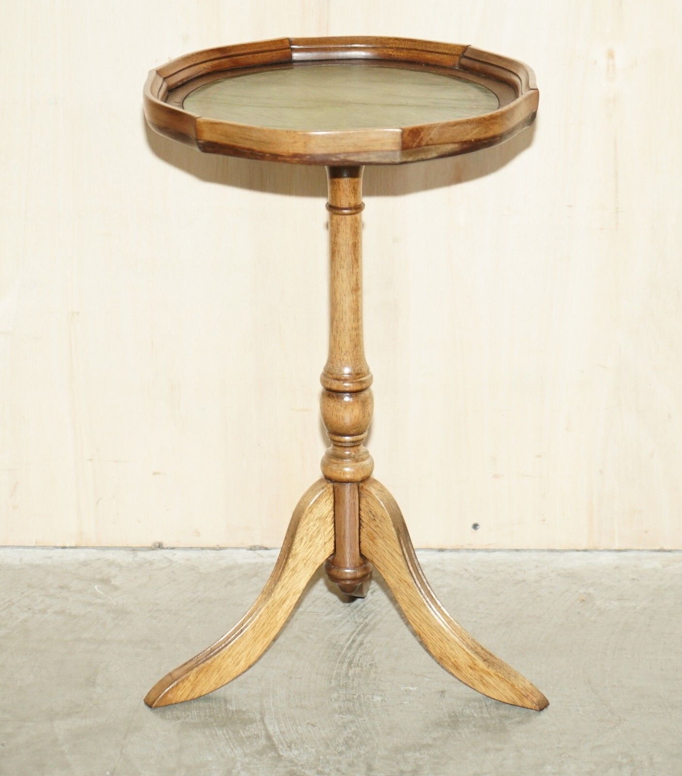 Pair Of Bevan Funnell England Green Leather Vintage Tripod Lamp Side End Tables photo for sale