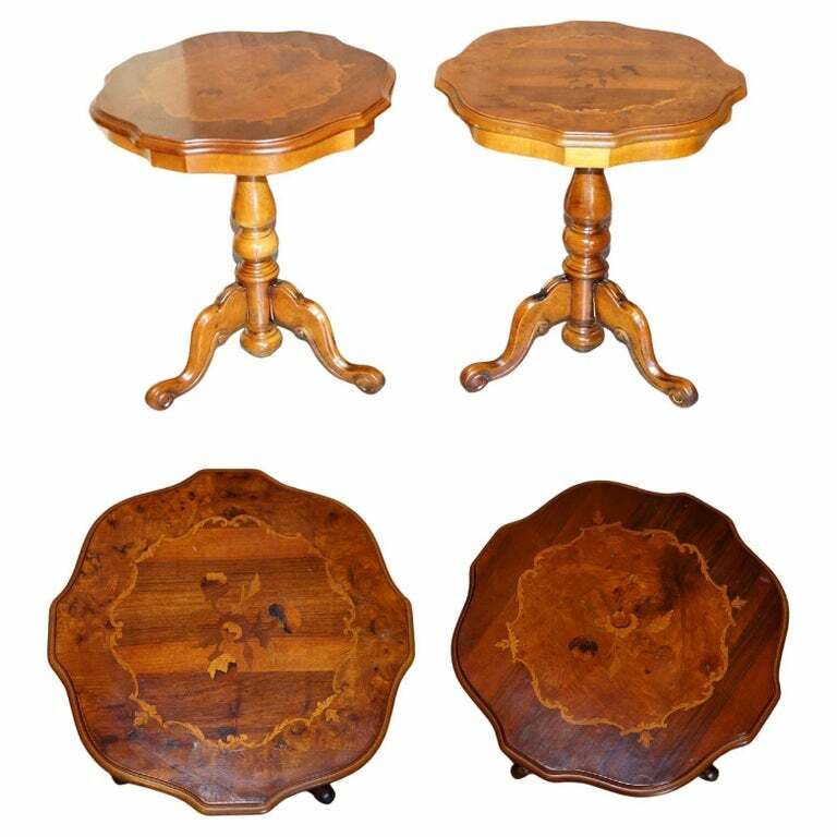Pair Of Vintage Italian Marquetry Inlaid Burr Walnut & Mahogany Side End Tables