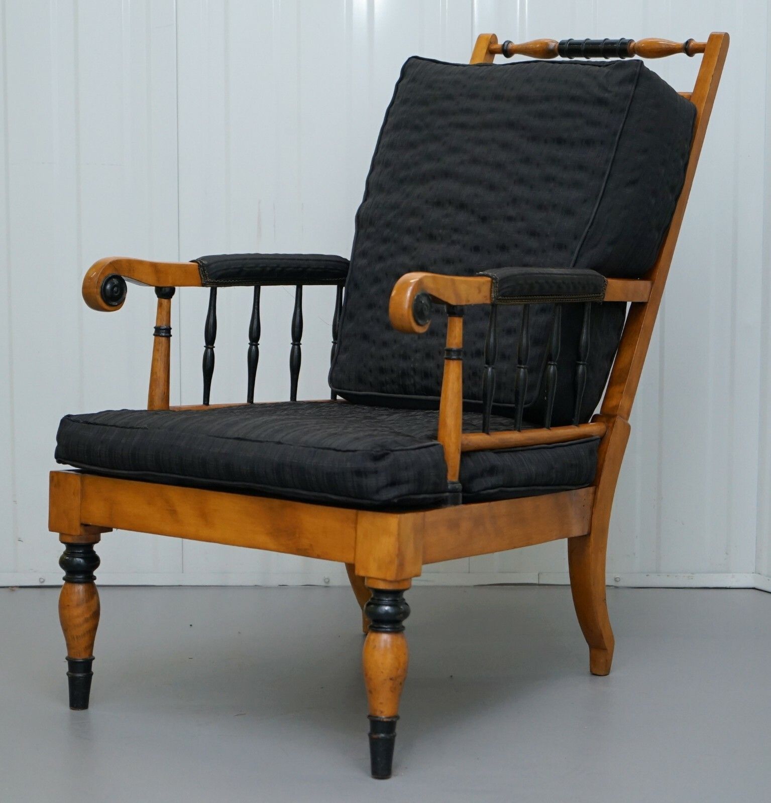 Antique Satin Birch Wood Swedish Biedermeier Library Reading Armchair Ebonished photo for sale