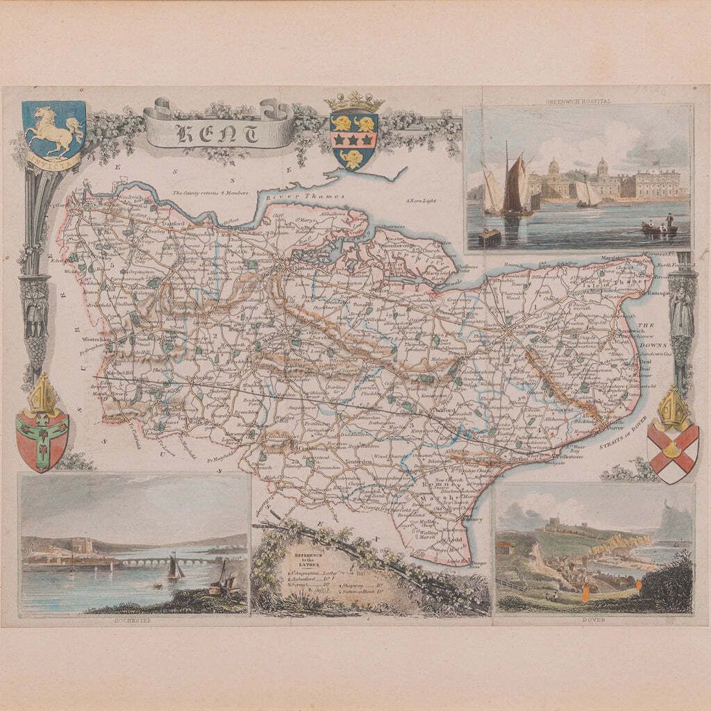 Vintage County Map, Kent, History 19th Century Cartography, After Thomas Moule photo Art