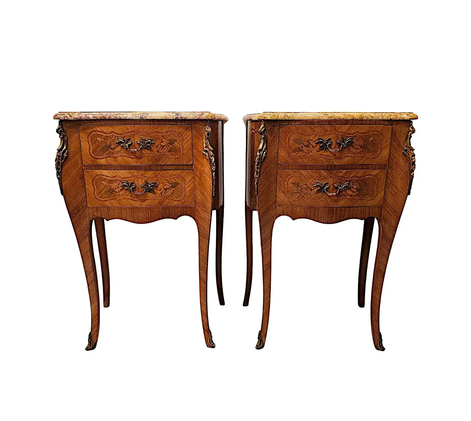 A Fabulous Pair Of 20th Century Marquetry Inlaid Marble Top Bedside Chests
