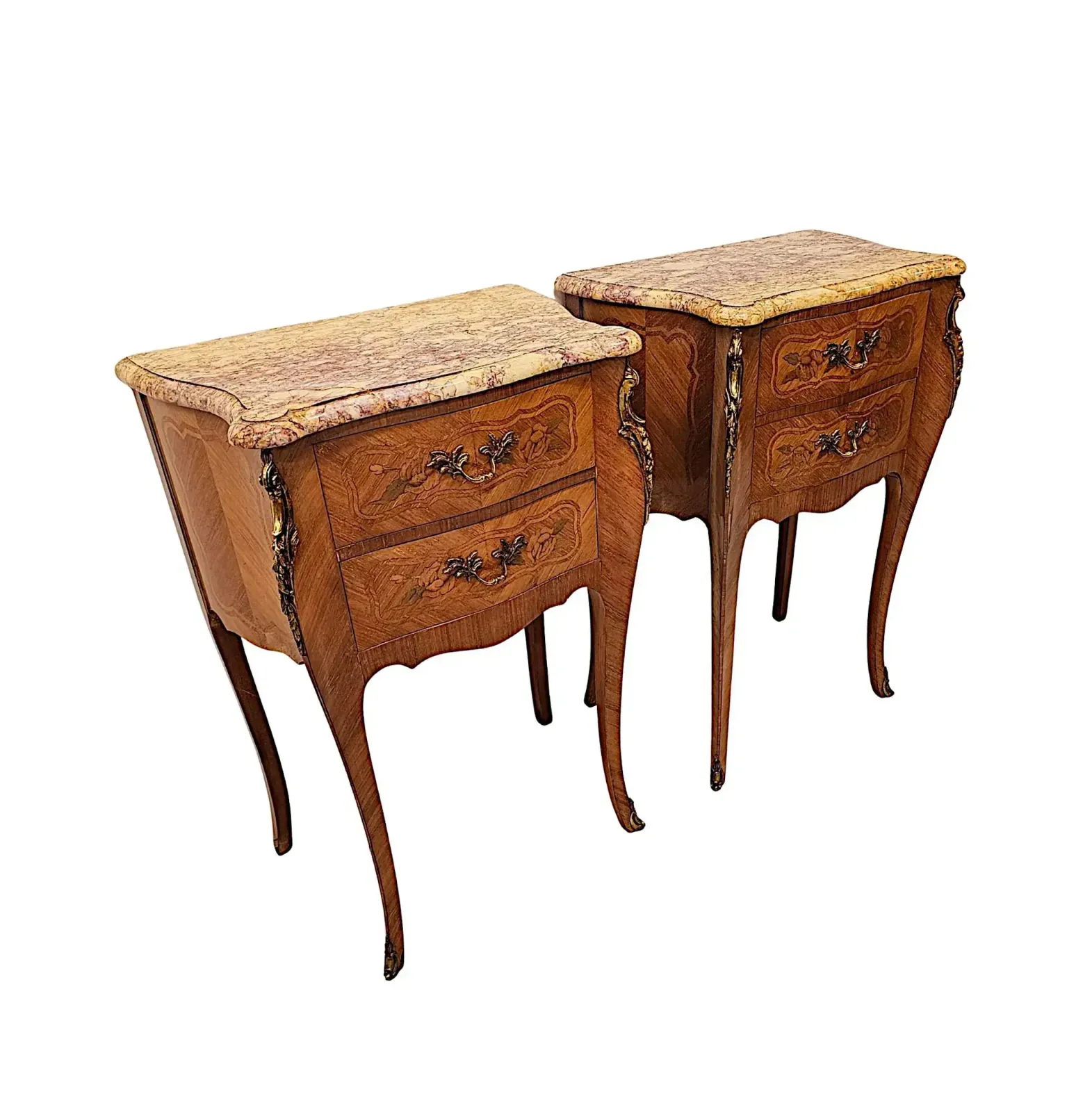 A Fabulous Pair Of 20th Century Marquetry Inlaid Marble Top Bedside Chests photo furniture