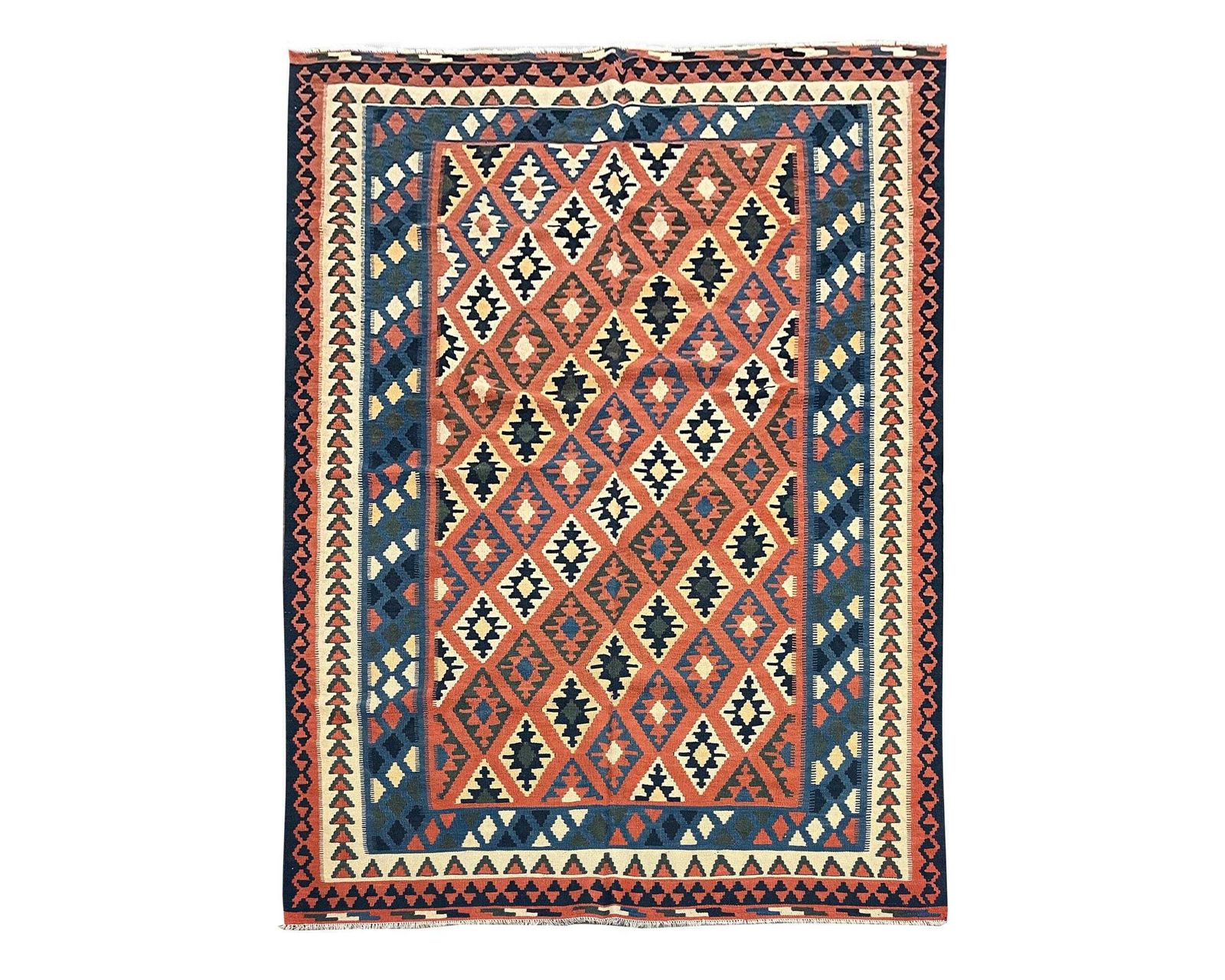 Handmade Bedroom Kilim Rug, Vintage Wool Flatweave Carpet, Rust Geometric Tribal 293 × 210 Cm