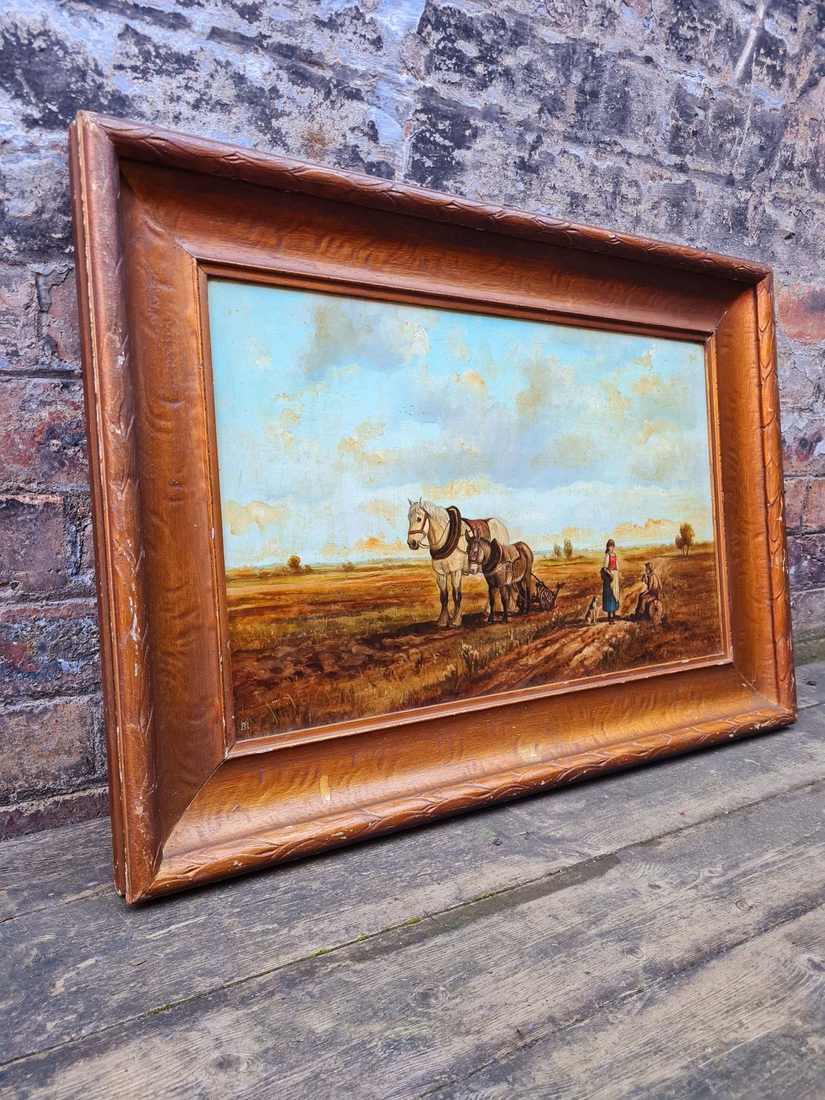 Vintage Oil On Board   Farm Life/Horses   Framed  Signed photo furniture