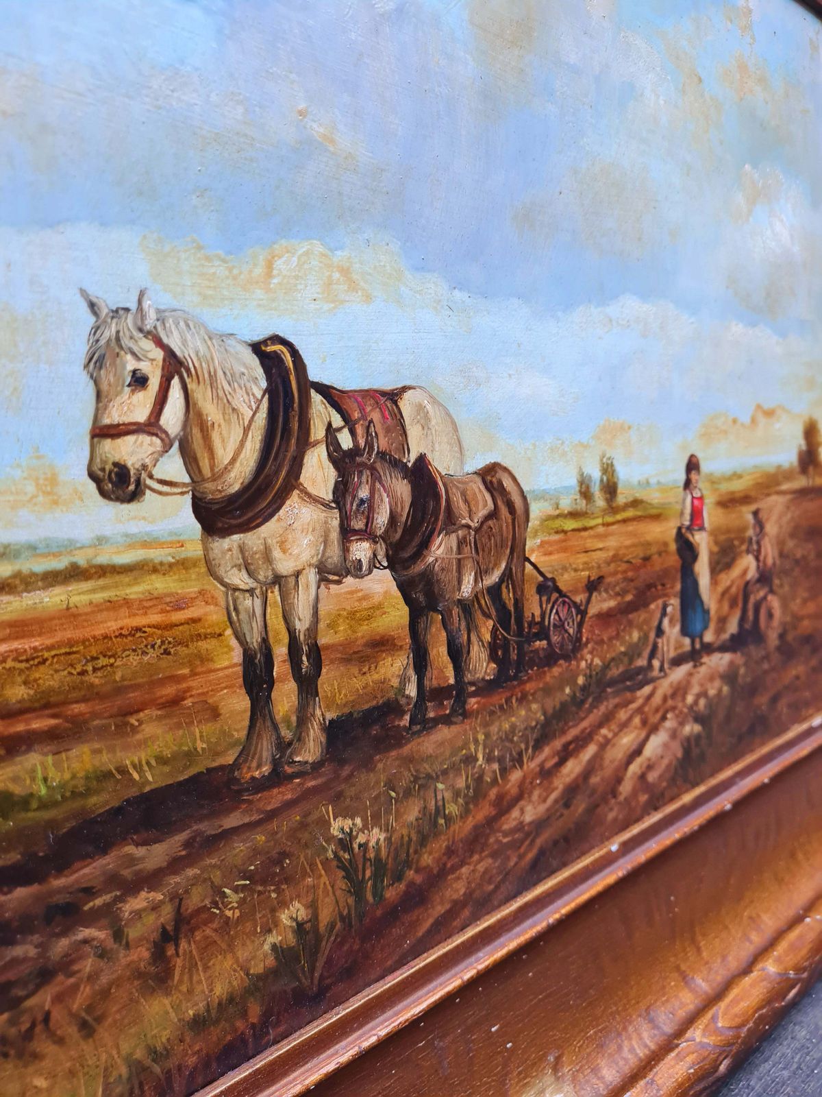 Vintage Oil On Board   Farm Life/Horses   Framed  Signed photo Art
