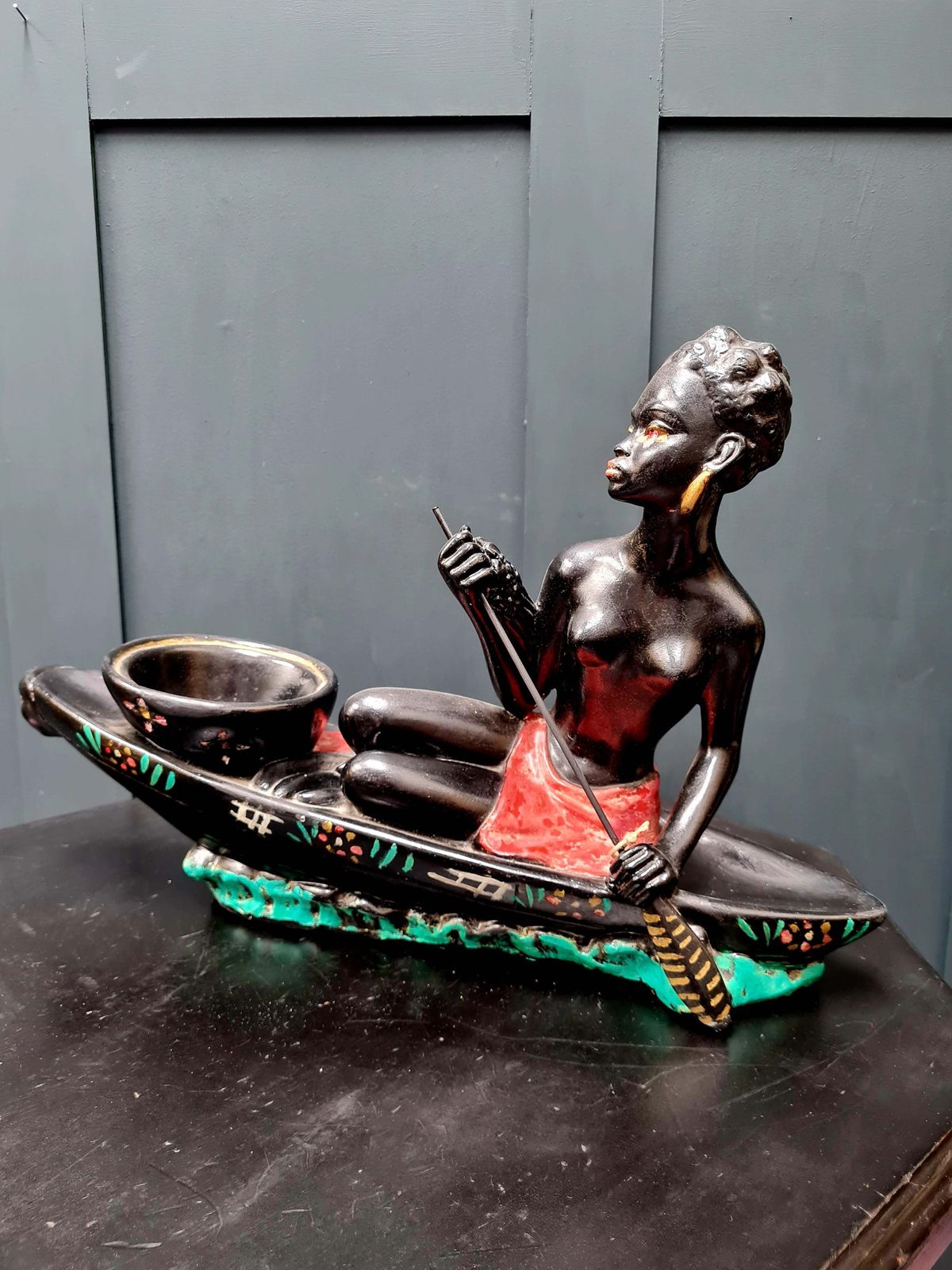 Early 20th Century French Art Deco Style Chalkware Sculpture "Lady In Canoe"