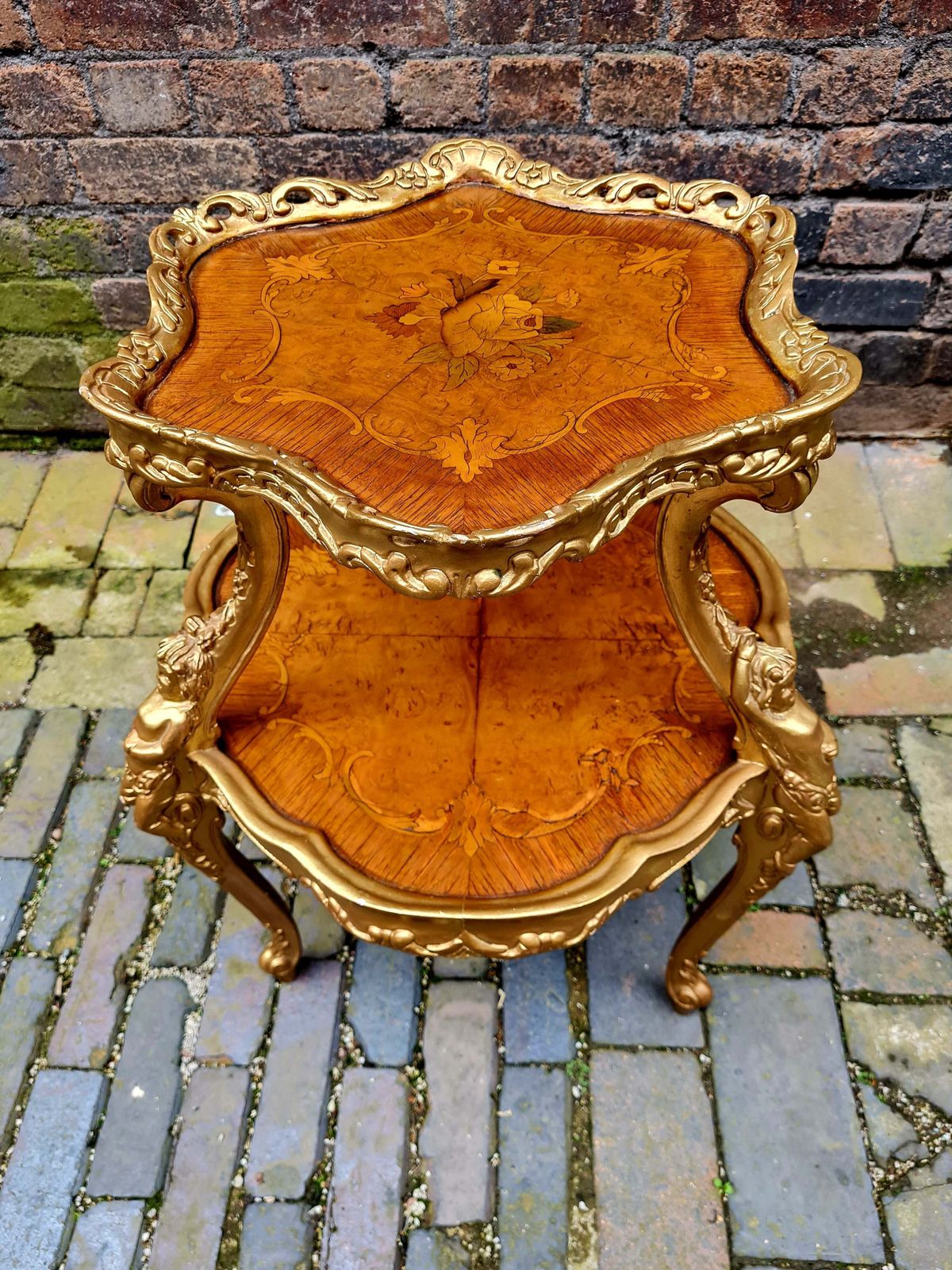 Early 20th Century French Walnut Marquetry Two Tier Etagere Table photo furniture