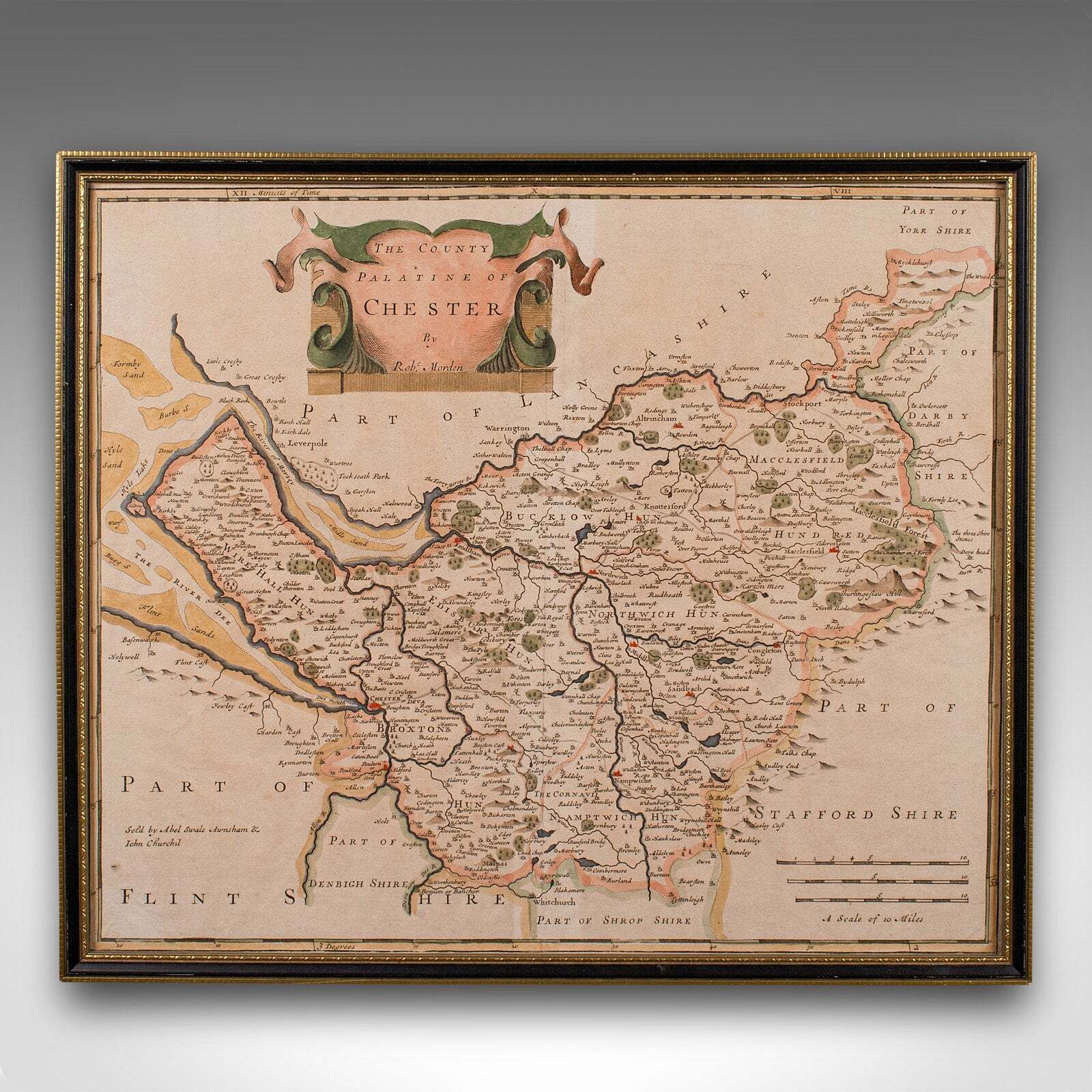 Antique County Map, Cheshire, English, Framed Cartography, Robert Morden, 18th.C photo furniture