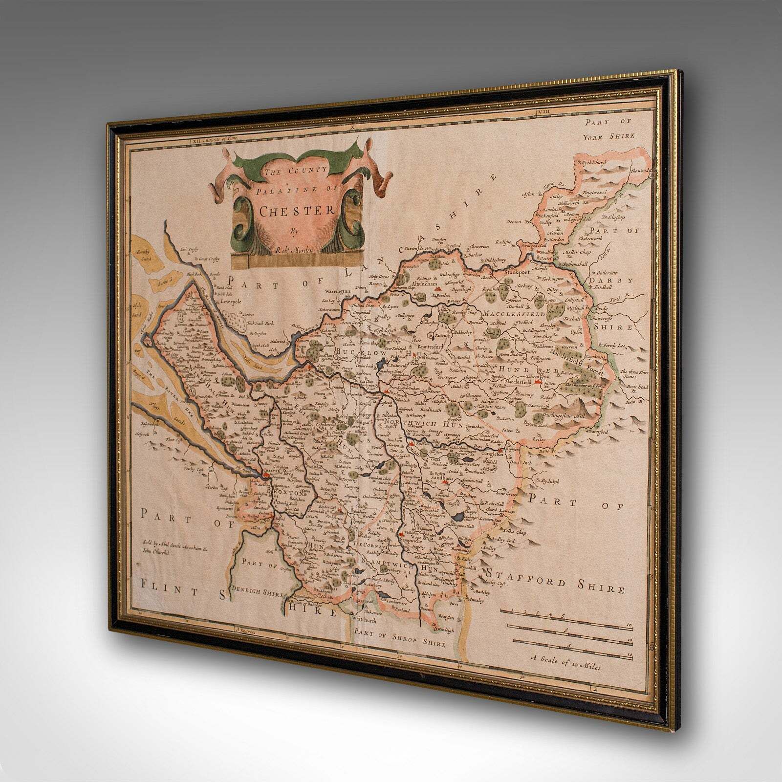Antique County Map, Cheshire, English, Framed Cartography, Robert Morden, 18th.C photo for sale