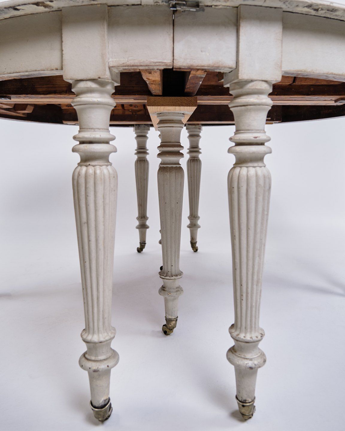 Round Dining Table / Moon Table   Louis Seize   Gray Painted   Round Legs   Brass Wheels   1780s photo for sale