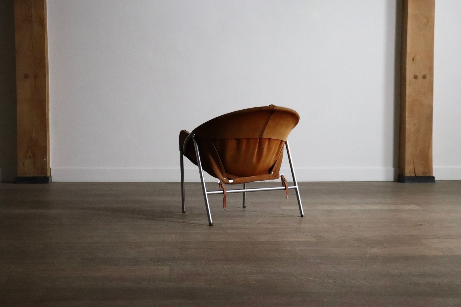 photo furniture Erik Ole Jørgensen For Bovirke Easy Chair In Cognac Suede And Metal, Denmark, 1953