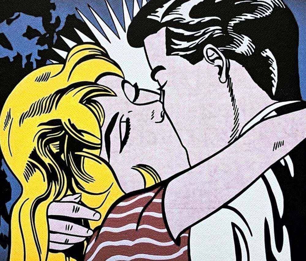 After Roy Lichtenstein, "The Kiss III ", 1990s, Silk Screen photo furniture