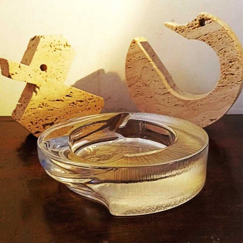 1970s Ashtray By Fabio Frontini For Arnolfo Di Cambio In Lead Crystal, Azteca Collection.