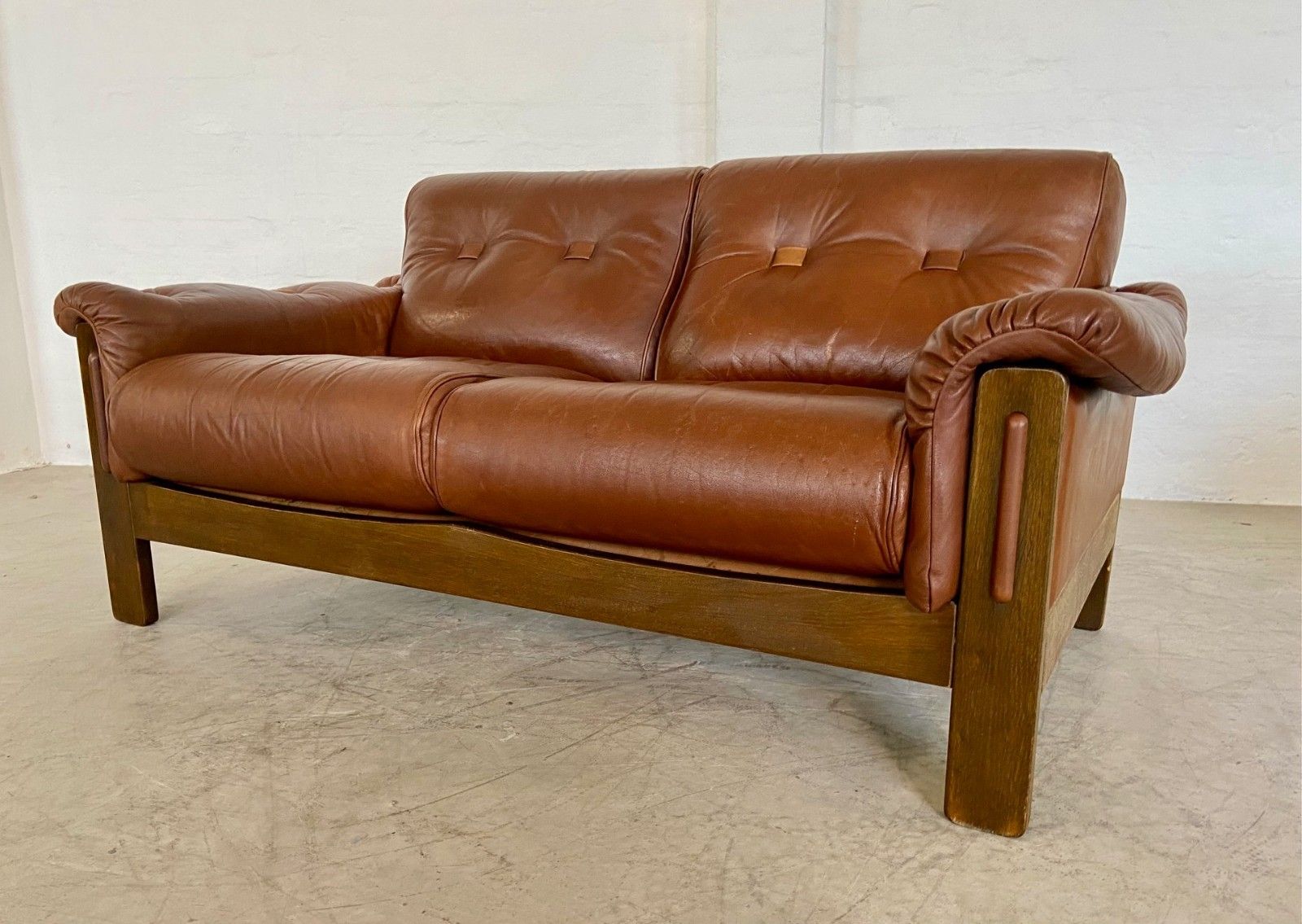 Vintage Danish Mid Century Cognac Brown Leather 2 Seater Stouby 1970,S