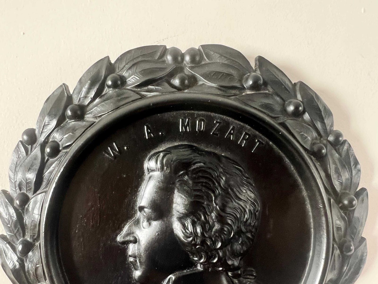 Antique W.A. Mozart Bois Durci Wall Plaque   19th Century Composer Relief   Grand Tour Souvenir   Dark Academia Library   Music Room Art photo for sale