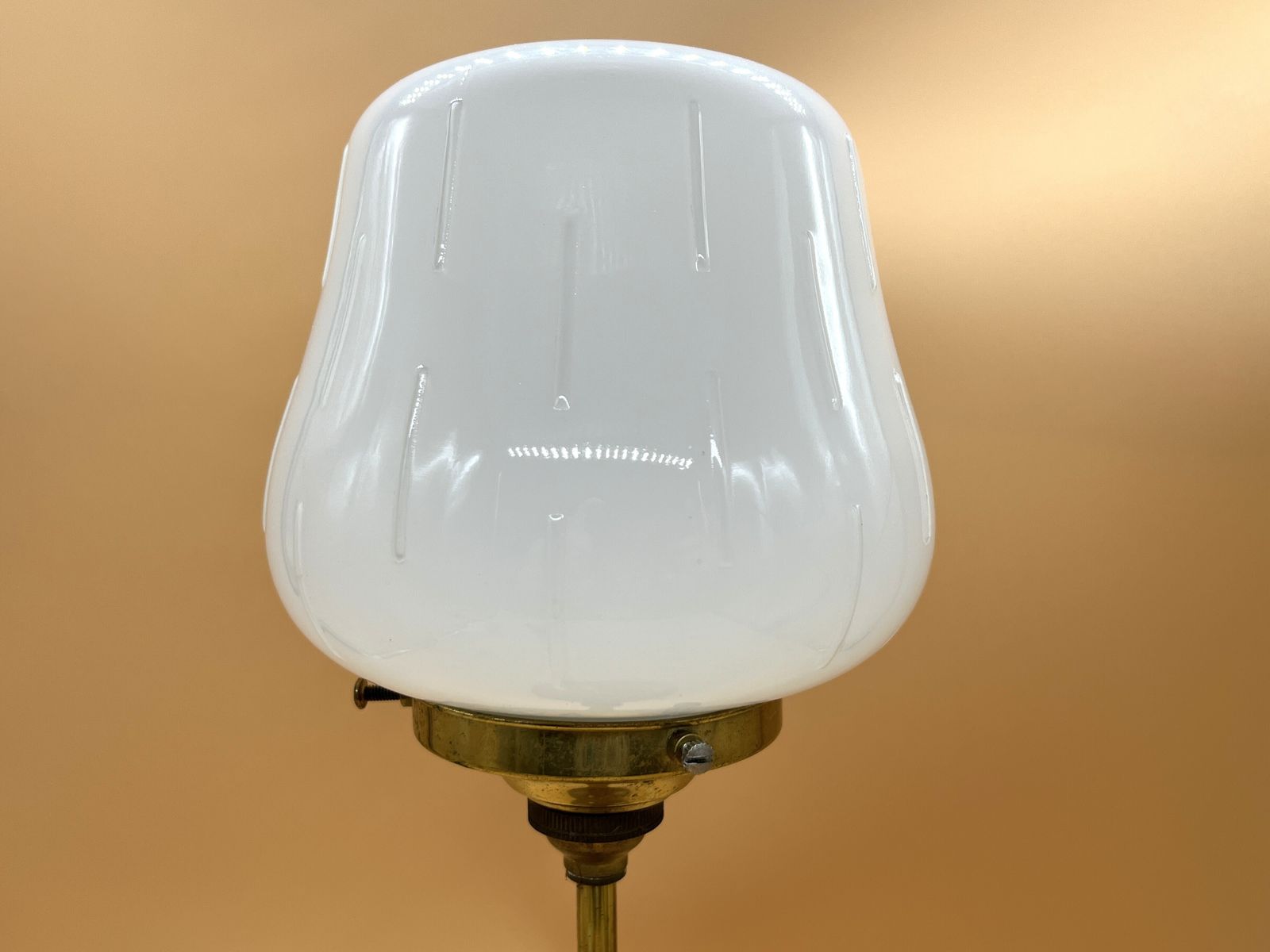 1970's Midcentury Modern Swedish Teak & Brass With Opaline Cased Glass Shade Table Lamp. photo for sale