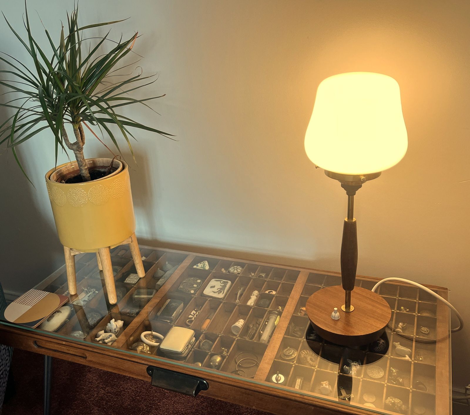 1970's Midcentury Modern Swedish Teak & Brass With Opaline Cased Glass Shade Table Lamp.