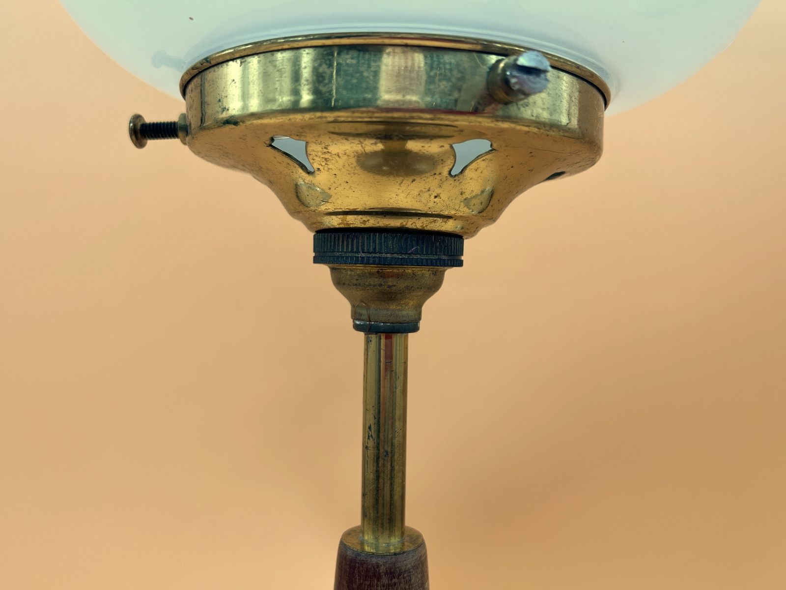 1970's Midcentury Modern Swedish Teak & Brass With Opaline Cased Glass Shade Table Lamp. photo Lighting