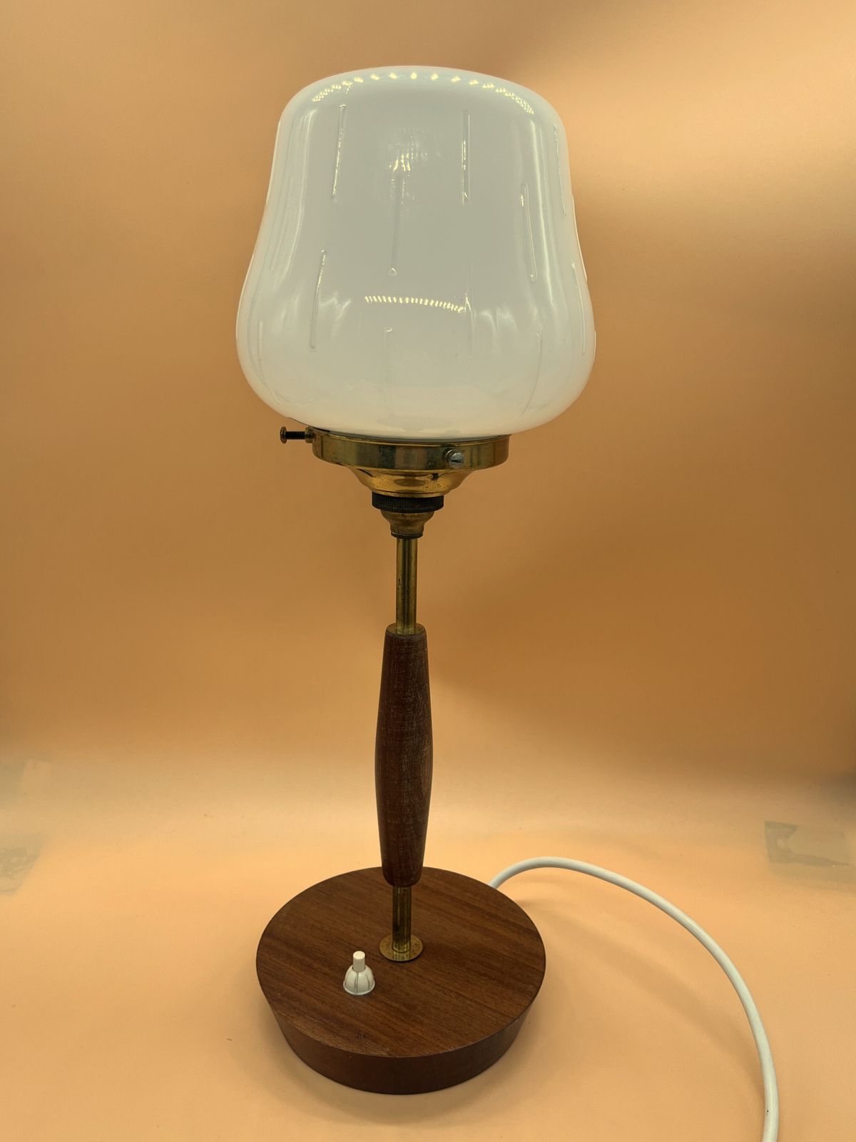1970's Midcentury Modern Swedish Teak & Brass With Opaline Cased Glass Shade Table Lamp. photo buy