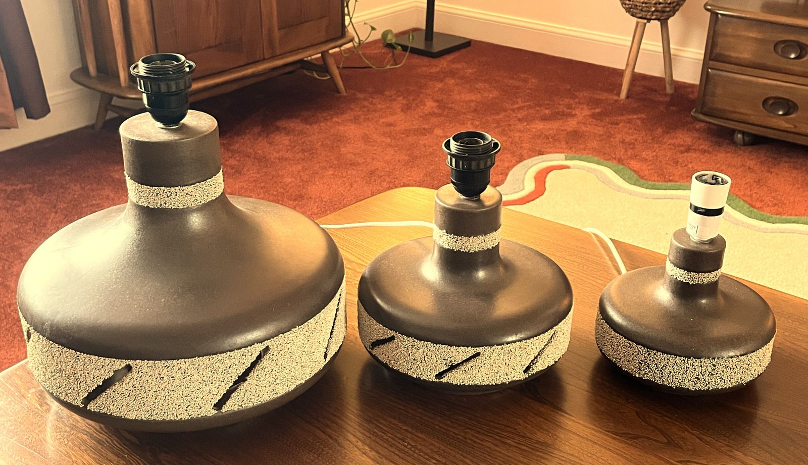 Set Of 3 Graduated Midcentury Modern West German Pottery Fat Lava Twin Bulb Table Lamp Bases. photo 750.0