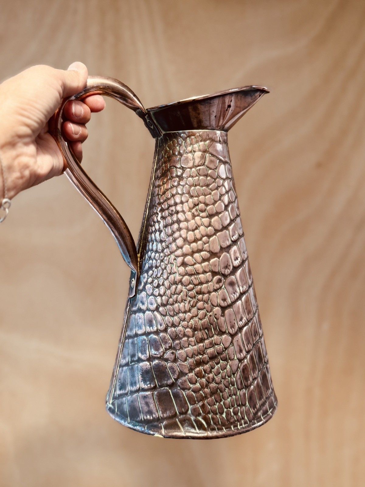 Antique Joseph Sankey & Sons Alligator/Lizard Textured Copper Jug Or Vase