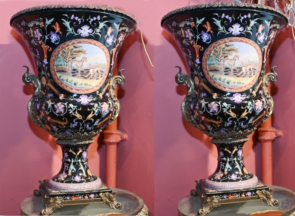 Pair French Porcelain Campana Urns Painted Art Nouveau