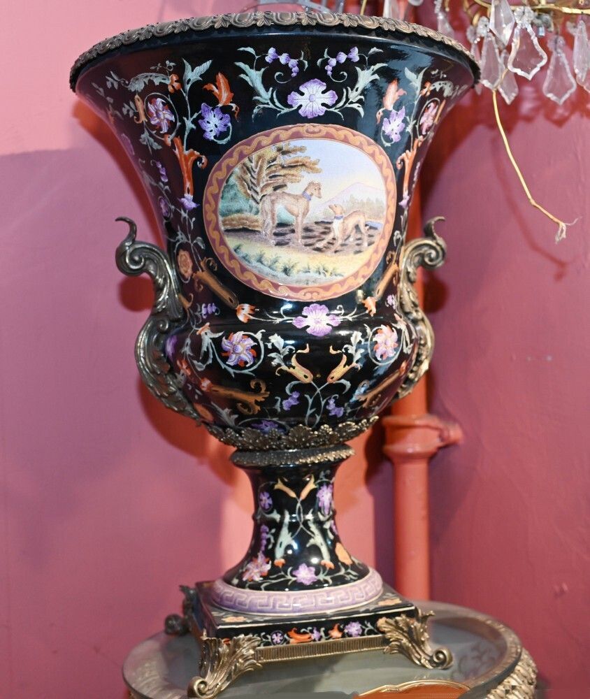 Pair French Porcelain Campana Urns Painted Art Nouveau photo furniture