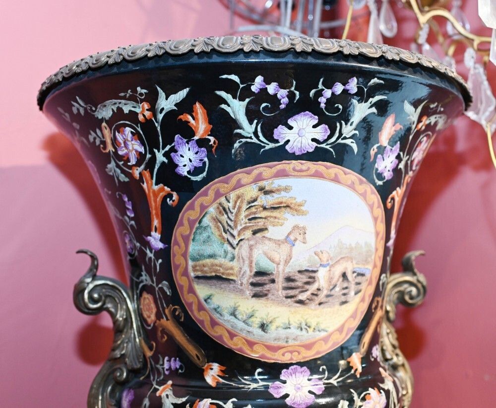 Pair French Porcelain Campana Urns Painted Art Nouveau photo for sale