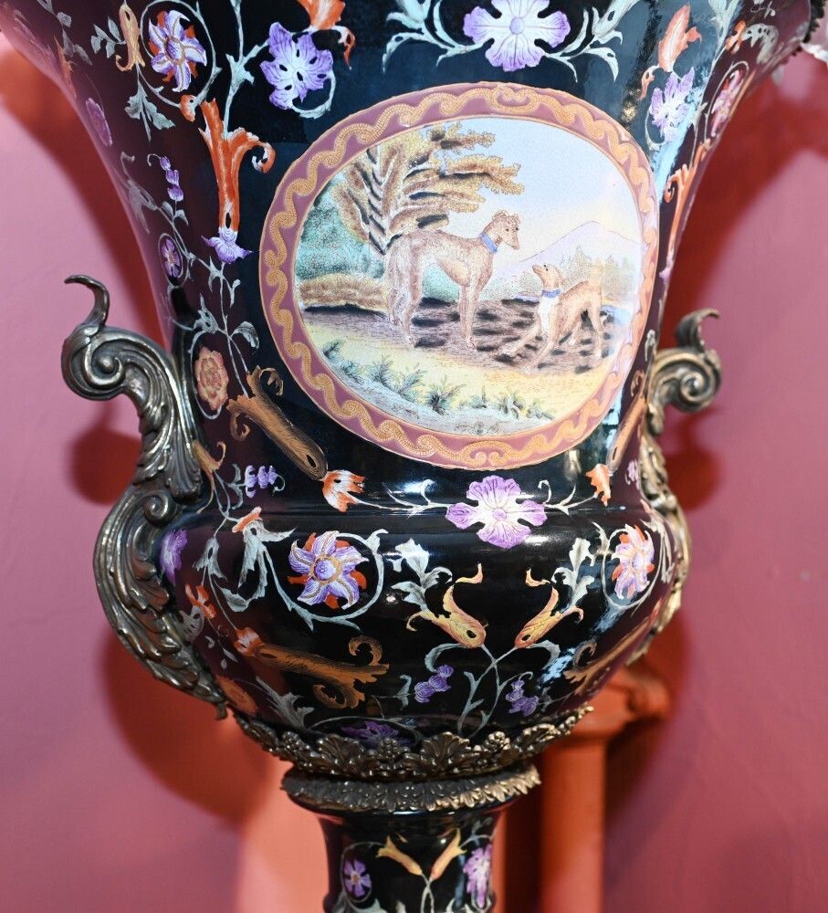 Pair French Porcelain Campana Urns Painted Art Nouveau photo vinterior