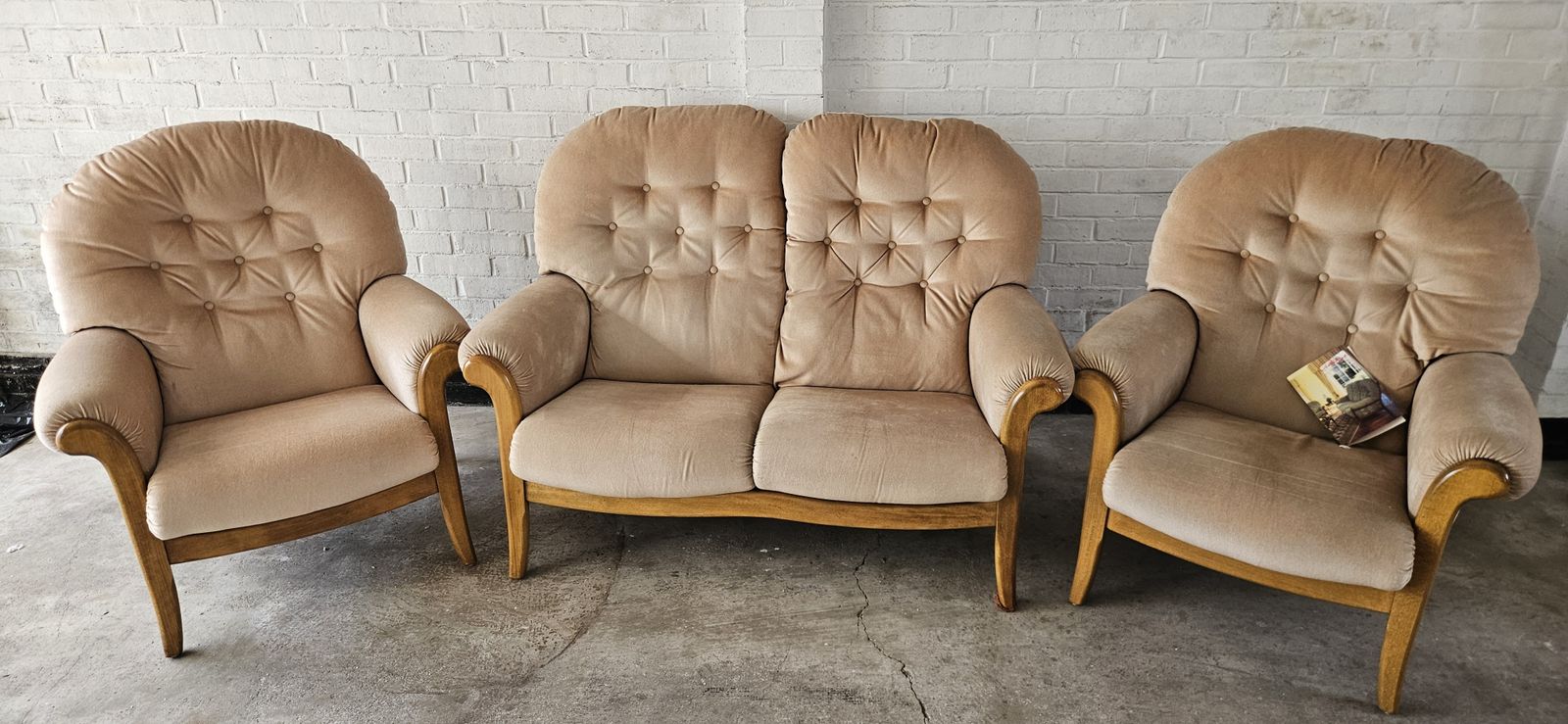 Elegant 3 Piece Sofa Suite – Beige Fabric, Wooden Arms, Matching Footstool