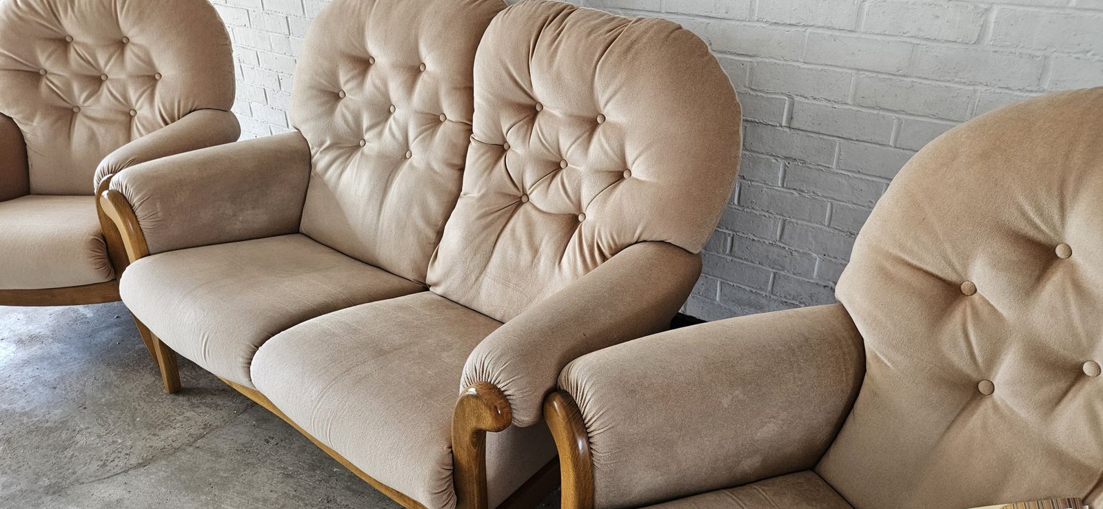 Elegant 3 Piece Sofa Suite – Beige Fabric, Wooden Arms, Matching Footstool photo furniture
