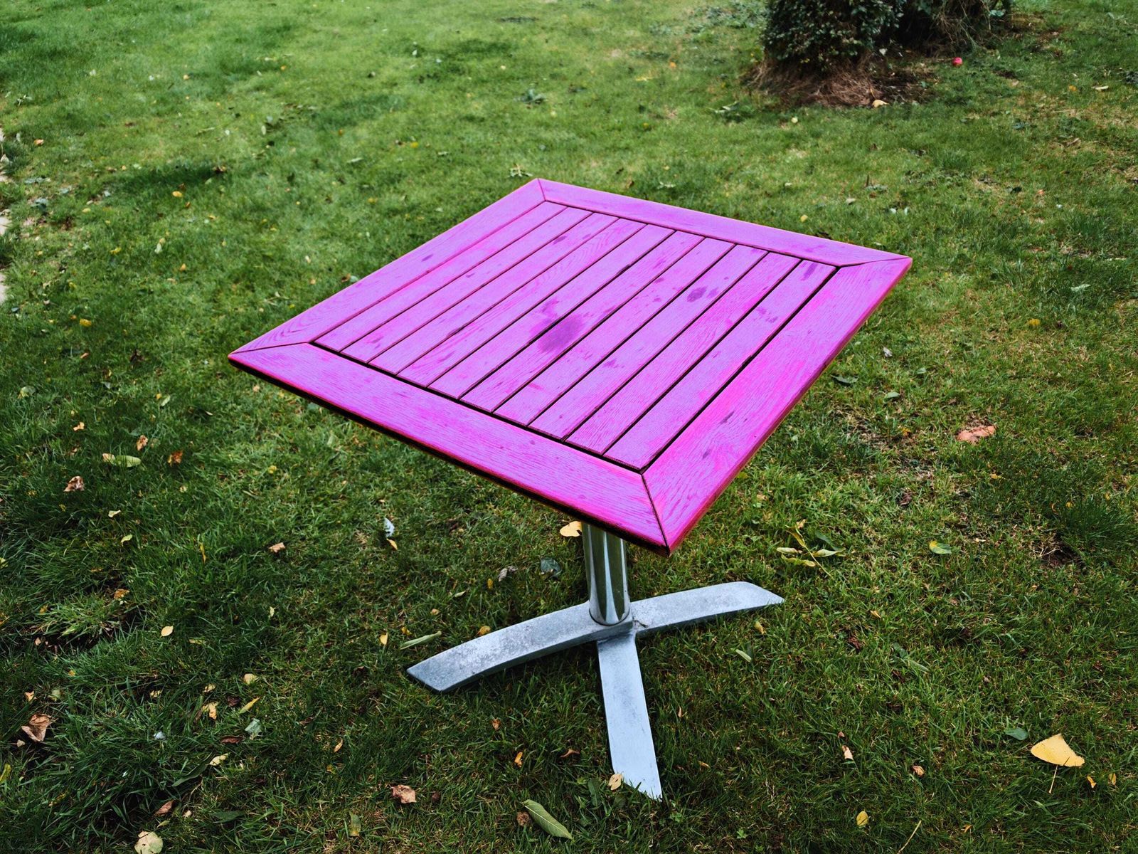 Customisable Refurbished Tilt Top Stackable Garden Tables (70cm X 70cm) Suitable For Cafes, Pubs Or Garden Usage   74cm Height Assembled photo vintage