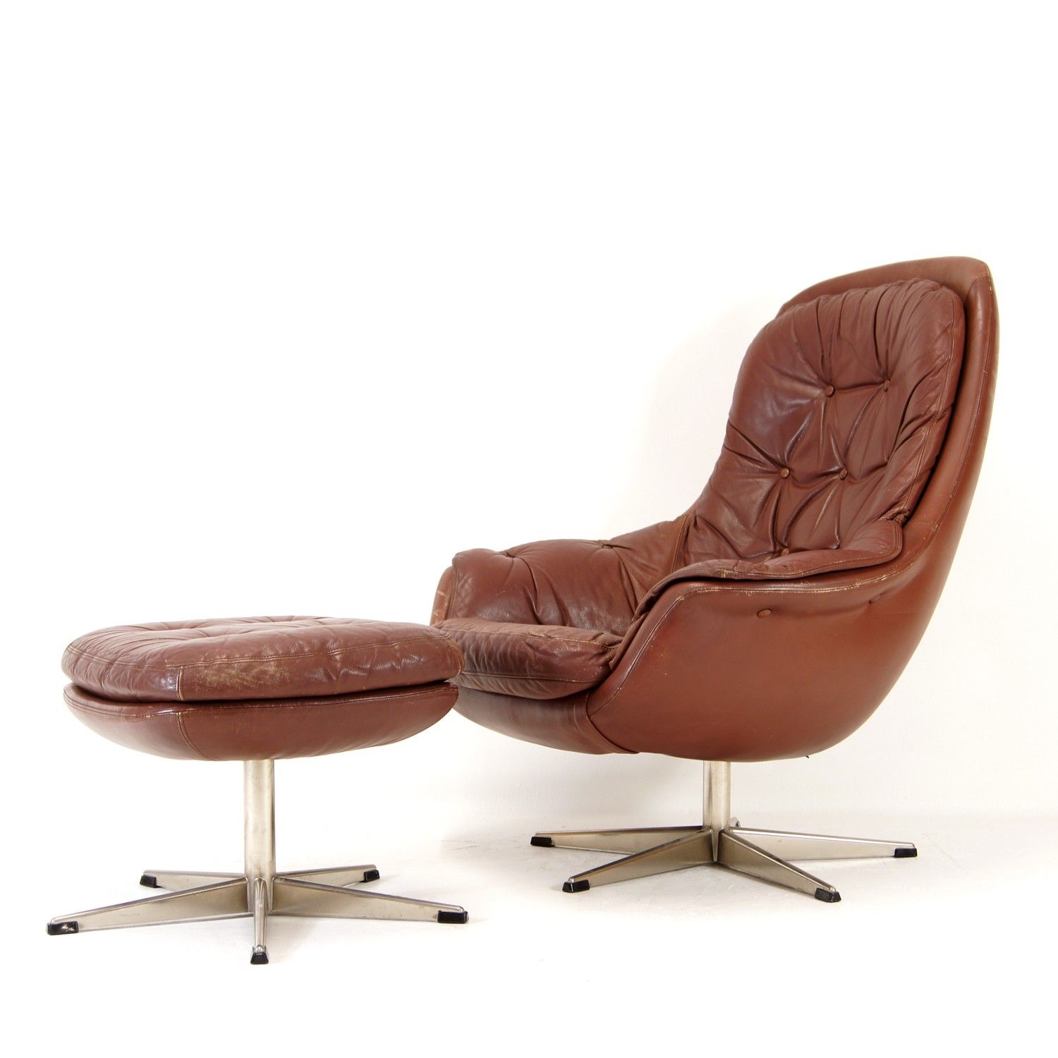 Retro Vintage Danish Leather Swivel Lounge Easy Chair Armchair + Stool 60s 70s