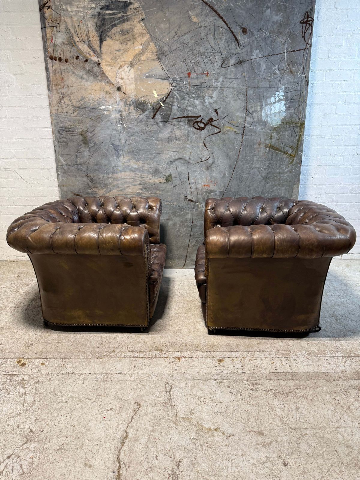 Stunning Matching Pair Of Hand Dyed Vintage Leather Chesterfield Club Chairs photo 5299.0