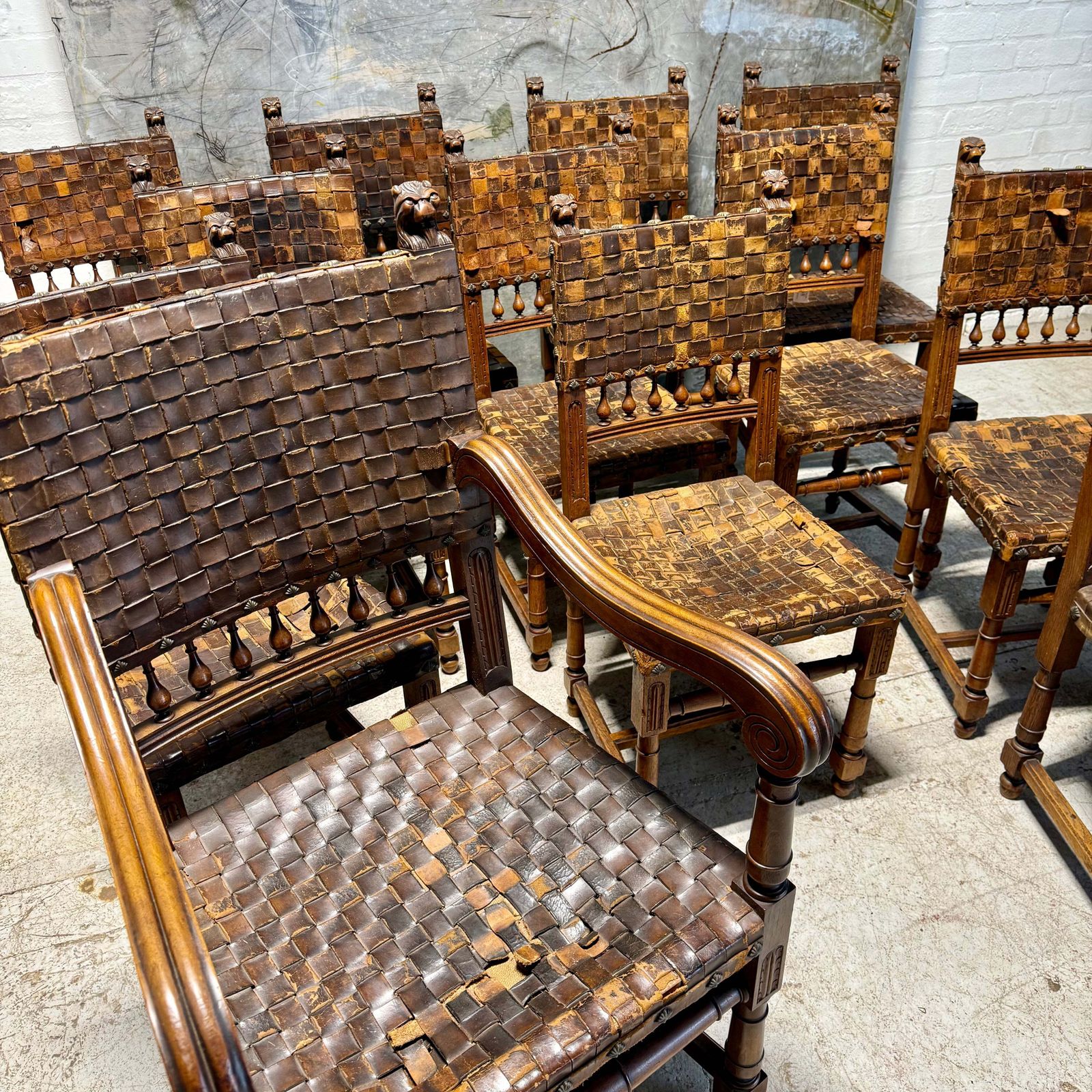 Set Of 12 Antique 19thc Gothic Revival Leather Dining Chairs photo vinterior
