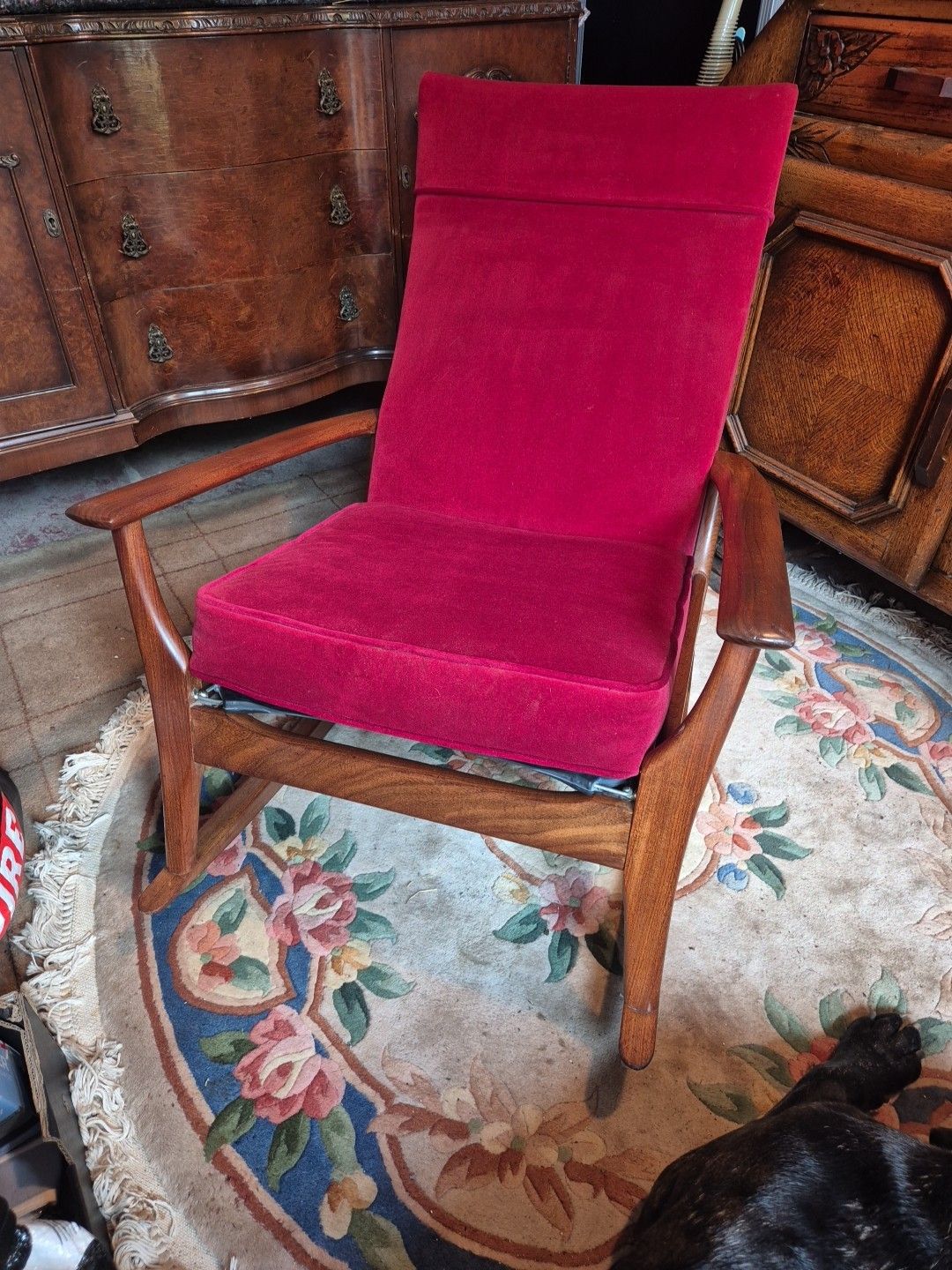 Vintage Retro Mid Century Teak & Red Velour  Rocking / Armchair By Furpro