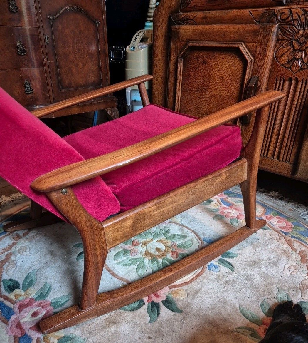 Vintage Retro Mid Century Teak & Red Velour  Rocking / Armchair By Furpro photo vinterior