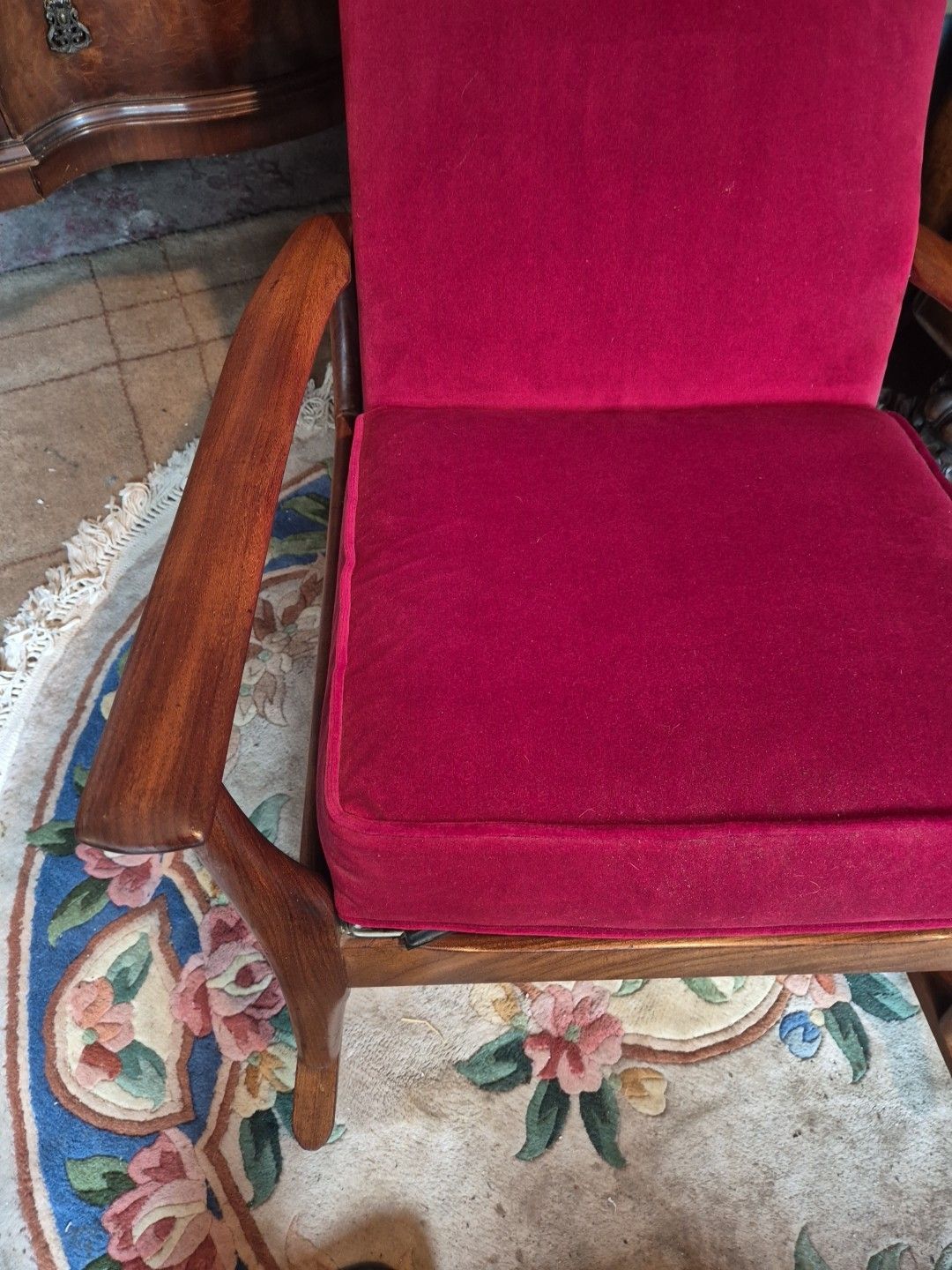 Vintage Retro Mid Century Teak & Red Velour  Rocking / Armchair By Furpro photo vintage