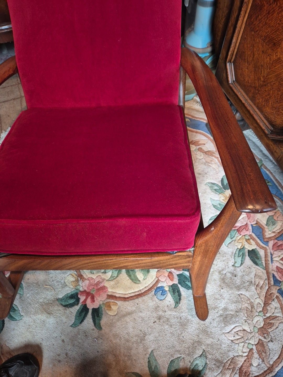 photo furniture Vintage Retro Mid Century Teak & Red Velour  Rocking / Armchair By Furpro