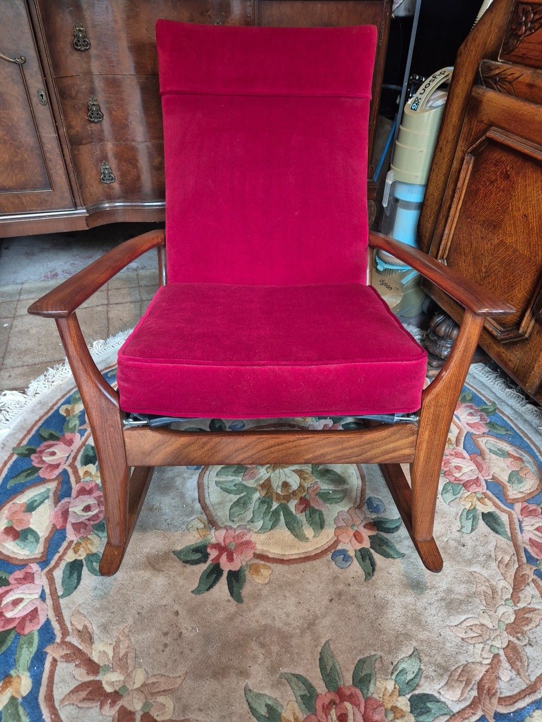 photo buy Vintage Retro Mid Century Teak & Red Velour  Rocking / Armchair By Furpro