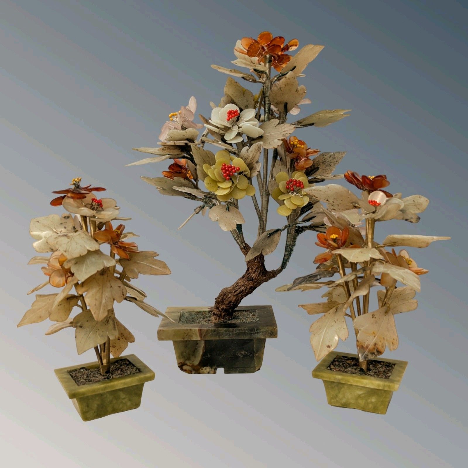 Pair Chinese Hardstone Jade Flower Jardiniere Bonsai photo vintage