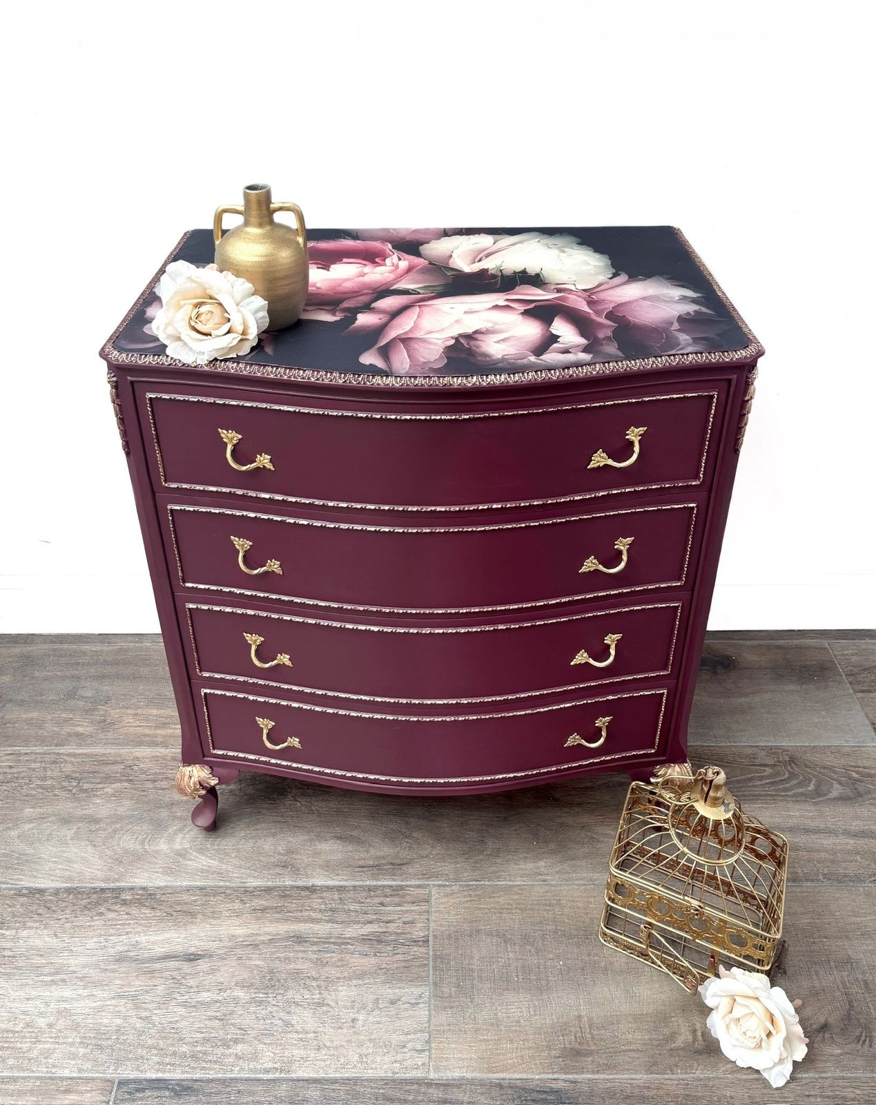 Hand Painted Vintage Dresser – Plum & Gold Floral Chest Of Drawers