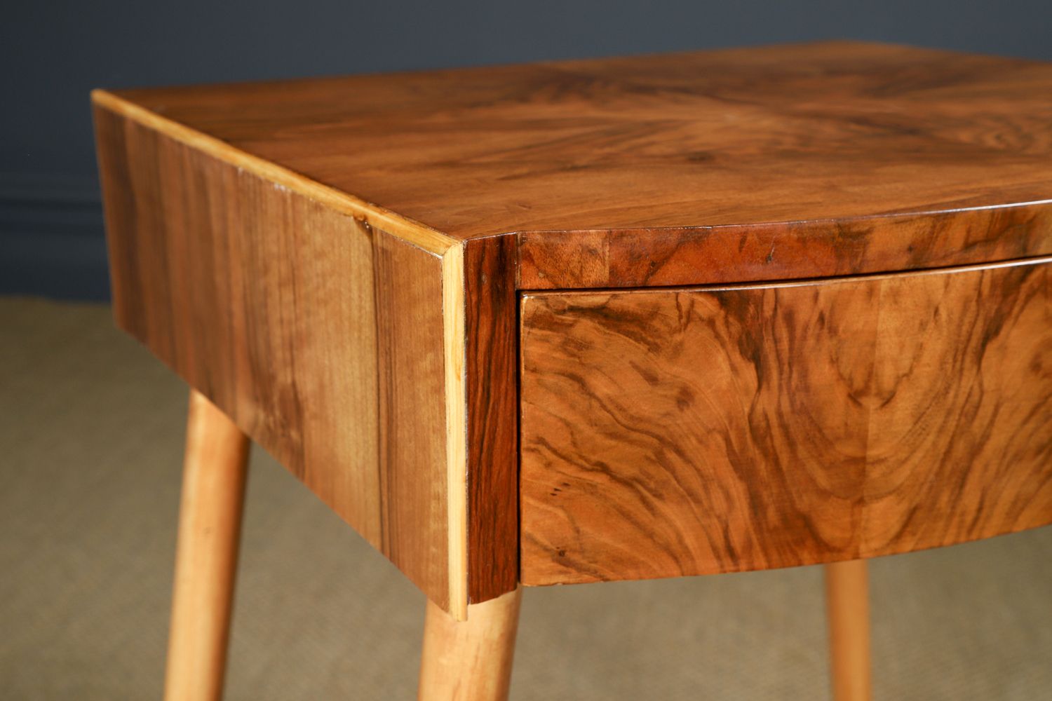 645.0 English Art Deco Walnut Side / Occasional / Bedside Table With Drawer (Circa 1930) photo