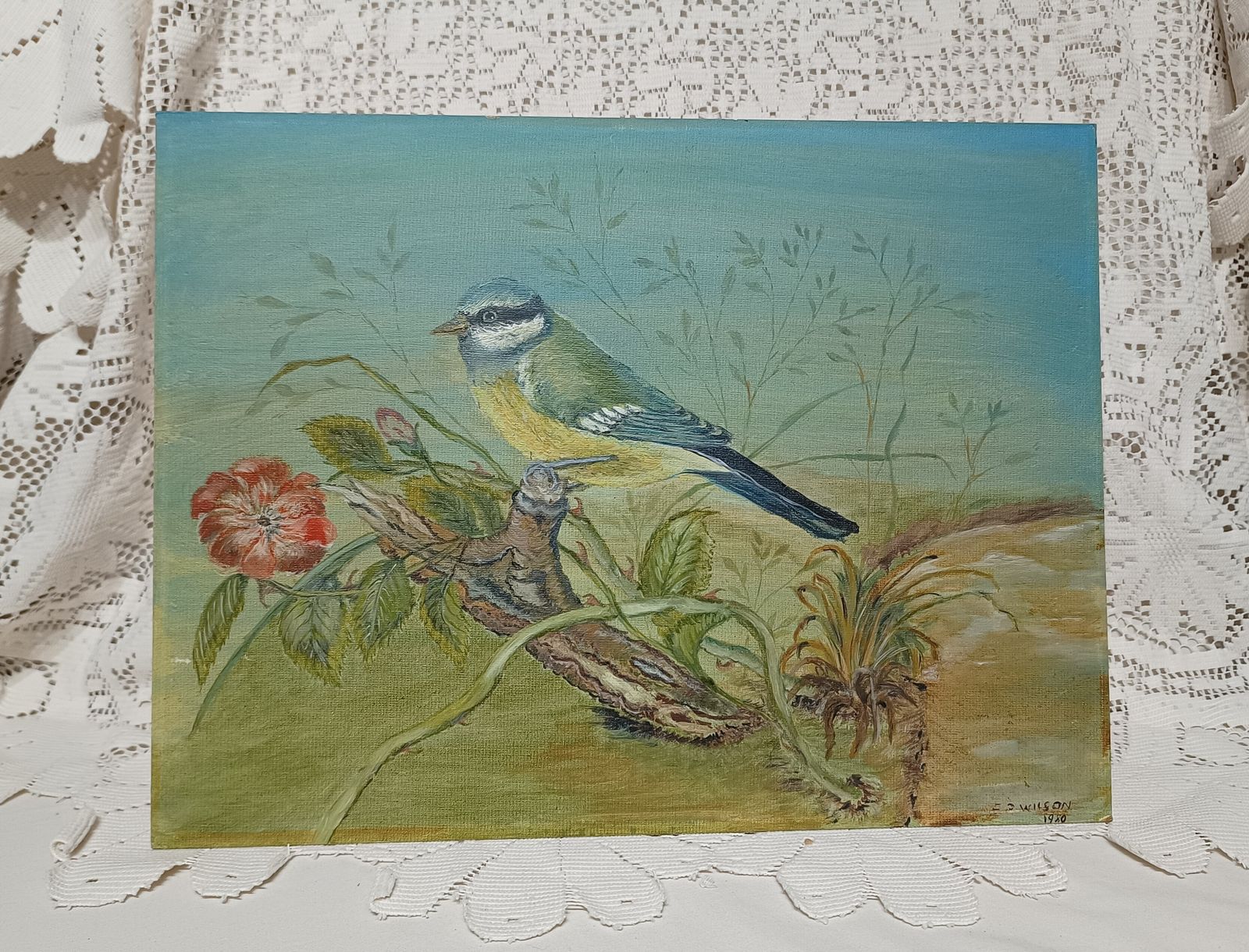 Unframed Oil Painting Blue Tit Bird Amongst Brambles And Red Flower Signed E.R.Wilson. photo Art
