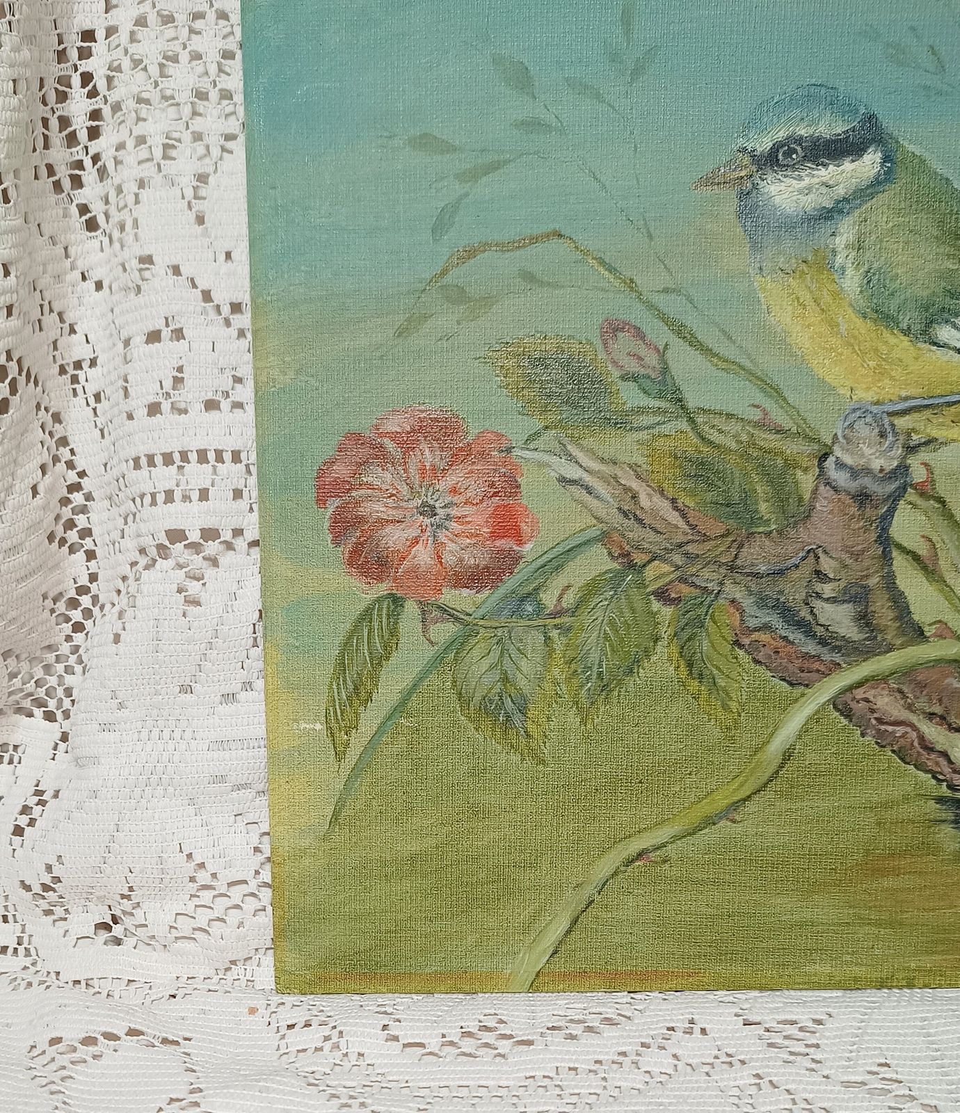 Unframed Oil Painting Blue Tit Bird Amongst Brambles And Red Flower Signed E.R.Wilson. photo vintage
