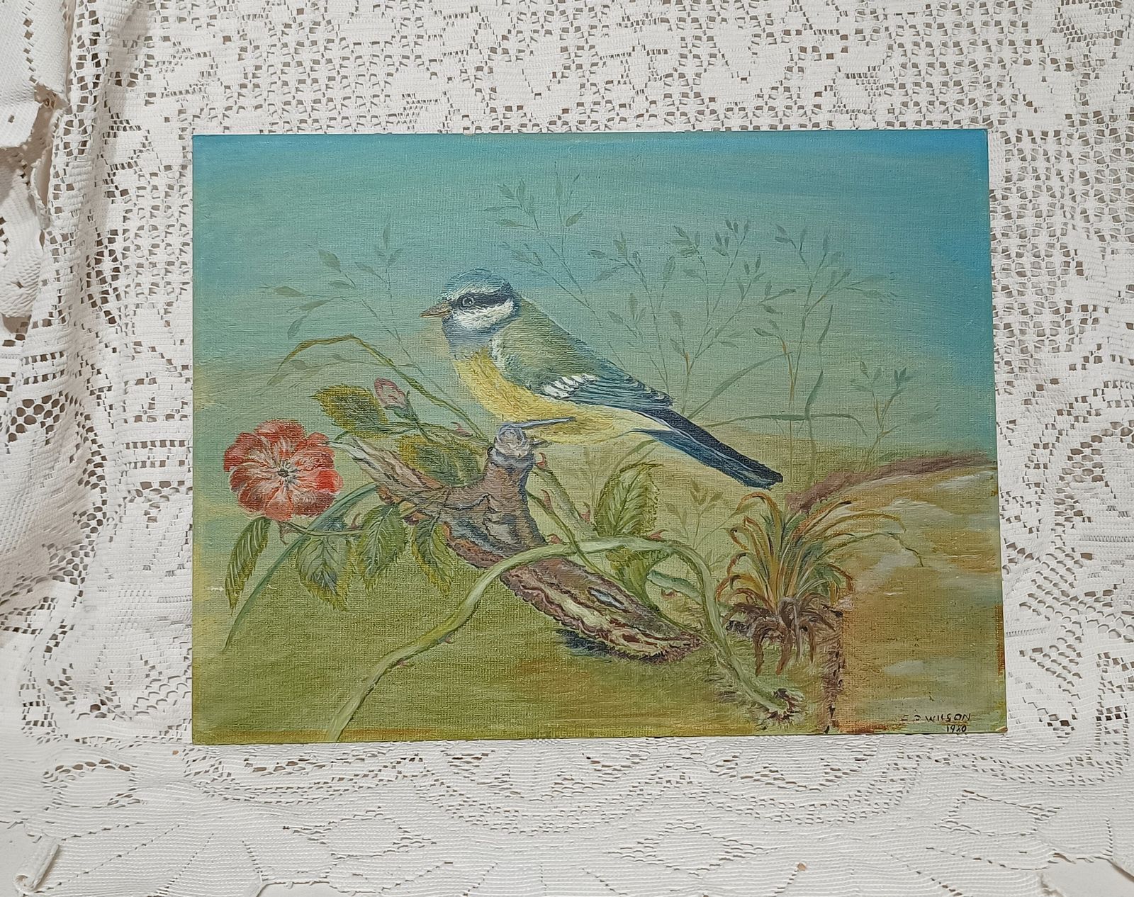 photo furniture Unframed Oil Painting Blue Tit Bird Amongst Brambles And Red Flower Signed E.R.Wilson.