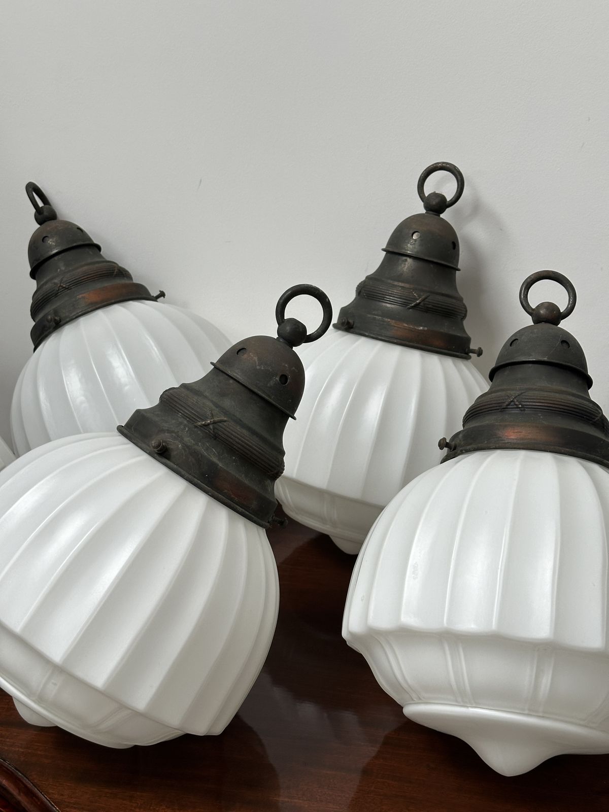 Set Run Antique Church Satin Opaline Milk Glass Ceiling Pendant Light Lamp photo for sale