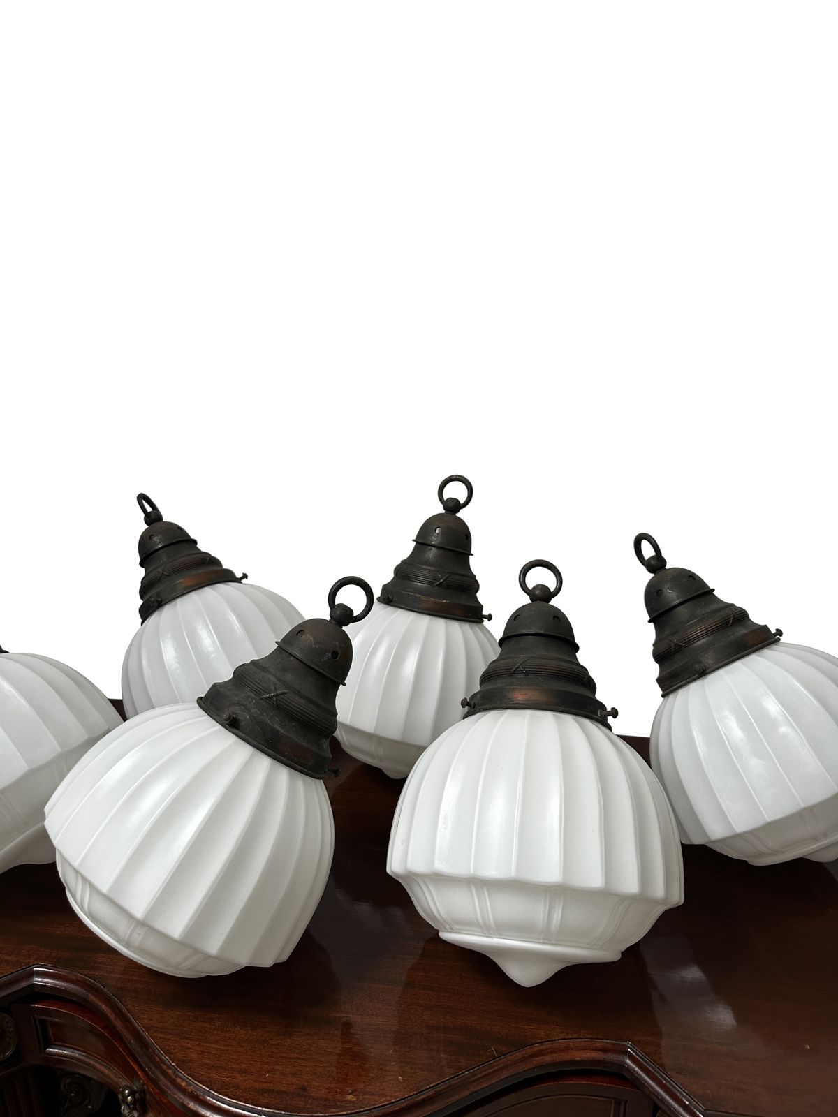Set Run Antique Church Satin Opaline Milk Glass Ceiling Pendant Light Lamp