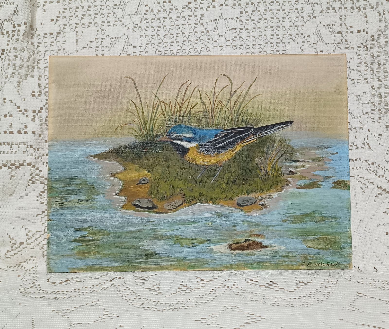 Unframed Oil Painting The Nut Hatch Bird On The Marsh Signed E R Wilson. photo Art