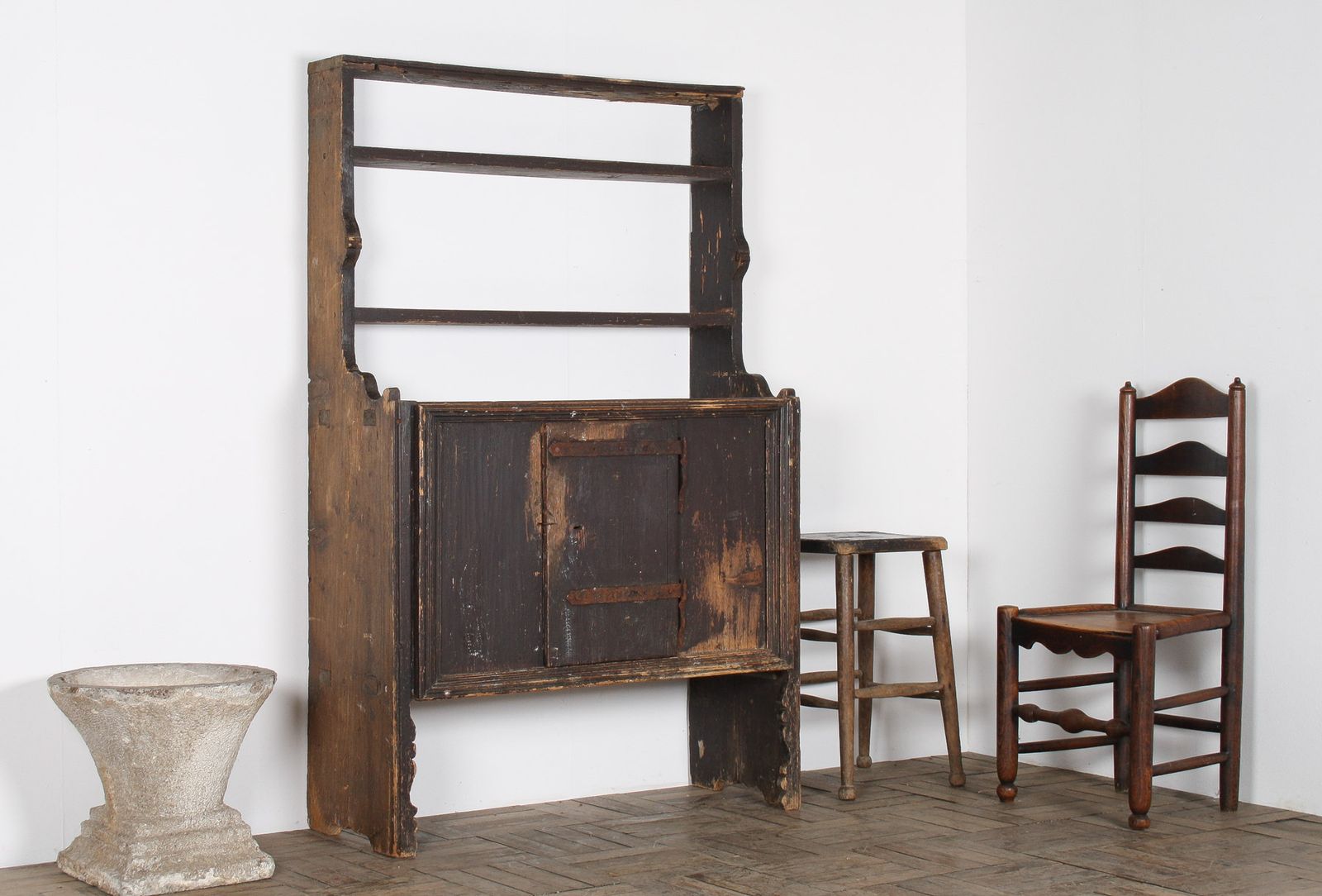 Primitive Rustic European Farmhouse Kitchen Dresser Unit With Storage Shelves